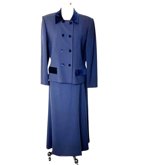 Kasper ASL Skirt Suit Midi Jacket Womens Size 12 Wool Velvet Accents Dark Blue - Picture 1 of 16